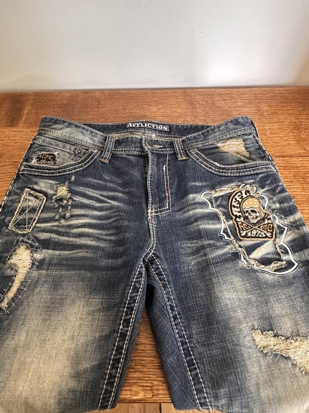 Affliction Men's Straight Jeans Distressed Blue with Embroidered Patch